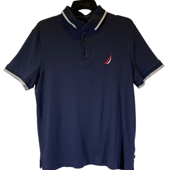 NAUTICA men's size Large slim fit Polo Navy blue short sleeve contrast trim - Picture 1 of 7